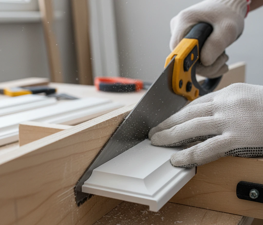 Proces cięcia listw na skrzynce uciosowej