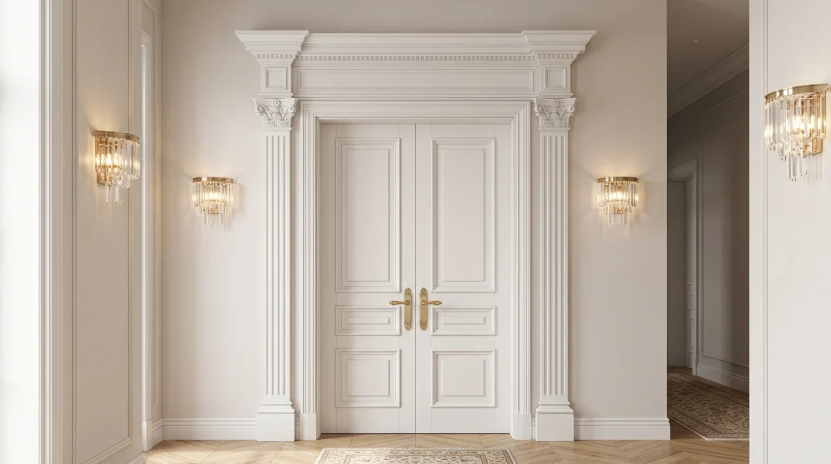 Sztukateria wokół drzwi - Zachwycający, wysoki portal drzwiowy w eleganckim, nowoczesnym korytarzu. Drzwi otoczone są szeroką, rzeźbioną sztukaterią zwieńczoną ozdobnym gzymsem.